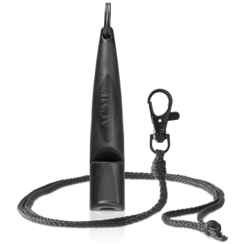 Schwarze ACME 211.5 Hundetrainingspfeife mit geflochtenem Halsband und Metallclip.