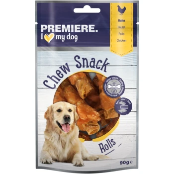 Hondensnoepverpakking met een golden retriever, gelabeld "Premiere. I love my dog," met kip-smaak "Chew Snack Rolls," 90g.