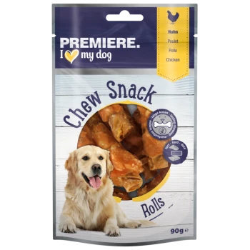 Dog treat package with a golden retriever, labeled "Premiere. I love my dog," featuring chicken-flavored "Chew Snack Rolls," 90g.