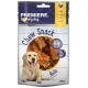 Hundeleckerli-Verpackung mit einem Golden Retriever, beschriftet mit "Premiere. I love my dog," mit Hühnergeschmack "Chew Snack Rolls," 90g.