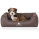 Flauschiger braun-weißer Welpe sitzt in einem braunen Hundebett mit KNUFFELWUFF-Logo