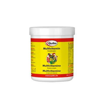 Behälter mit Quiko Multivitamin für Vögel, mit einem bunten Etikett mit Bildern verschiedener Vögel und Text in mehreren Sprachen.