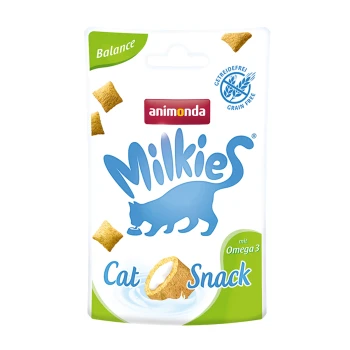 Milkies Cat Snack 12x30g Balance Verpackung für Animonda Milkies Katzensnack, mit einer blauen Katzensilhouette, mit den Etiketten 'mit Omega 3' und 'Getreidefrei'.
