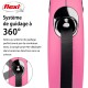 Laisse rétractable rose pour chien avec un système de guidage à 360°, présentant une sangle noire et un texte détaillant sa fonctionnalité.
