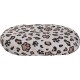 Rundes Haustierbett mit beige-schwarzem und braunem Pfoten- und Leopardenfleckenmuster.