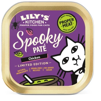 Lily's Kitchen Spooky Paté für Katzen, Hühnergeschmack, limitierte Auflage mit einem verspielten Katzendesign und Halloween-Thema.