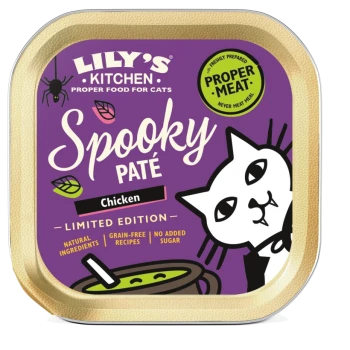 Lily's Kitchen Spooky Paté für Katzen, Hühnergeschmack, limitierte Auflage mit einem verspielten Katzendesign und Halloween-Thema.