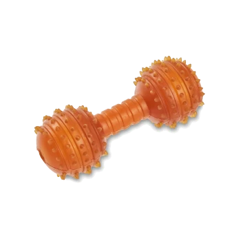 Orangenes, stacheliges Gummikau-Spielzeug in Kurzhantelform mit strukturierten Noppen auf weißem Hintergrund.