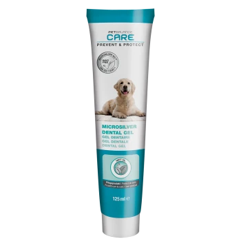 Dental gel for dogs in a 125 ml tube, featuring a golden retriever on the label, with "Microsilver Dental Gel" and "Mint Oil" highlighted.