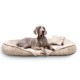 Ein grauer Weimaraner-Hund liegt auf einem plüschigen, beigen Haustierbett mit einem kleinen Kissen, vor einem weißen Hintergrund.