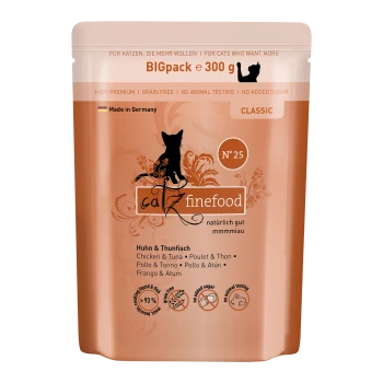 300g Catz Finefood "N° 25" Verpackung mit Huhn und Thunfisch, mit einer Katzensilhouette und floralem Design. Getreidefrei, ohne Zuckerzusatz.