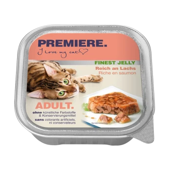 Katzenfutterverpackung mit einer verspielten getigerten Katze, beschriftet mit 'Premiere. I love my cat,' mit 'Finest Jelly' und 'Reich an Lachs' deutlich angezeigt.