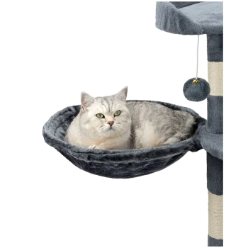 Eine hellgraue Katze mit grünen Augen, die in einer plüschigen, dunkelgrauen Hängematte liegt, die an einem Kratzbaum befestigt ist.