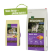 Hundefutterverpackung für 'Wilderness Adult Rocky Hills' zeigt zwei Säcke mit einem Wolf, betont 70% Fleisch, 30% Gemüse und 0% Getreide.