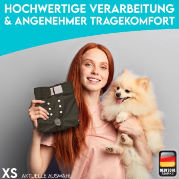 Eine Person hält ein dunkelgrünes Haustierzubehör und einen flauschigen Pomeranian, mit deutschem Text über Qualität und Komfort im Hintergrund.