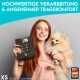 Eine Person hält ein dunkelgrünes Haustierzubehör und einen flauschigen Pomeranian, mit deutschem Text über Qualität und Komfort im Hintergrund.