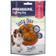 Emballage de friandises pour chiens avec un chien marron et blanc, étiqueté "Premiere. J ❤️ mon chien," présentant "Tasty Duo Snacks" et "Poulet & Patate Douce."