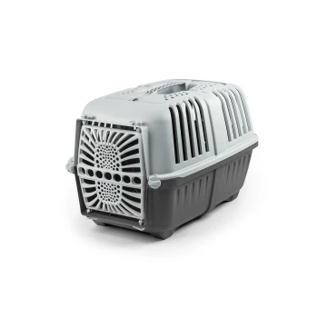 Grau-weißes Haustiertrage mit Belüftungsöffnungen, entworfen für den Transport von kleinen Tieren.
