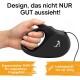 Eine Hand greift einen schwarzen ergonomischen Hundeleinengriff, mit Text, der das stilvolle Design, den bequemen Griff und das leichte Gewicht von 200g hervorhebt.