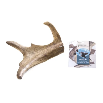 Geweih-Kauspielzeug für Hunde, beschriftet mit "Chewies", Größe L, geeignet für Hunde bis zu 35 kg, mit einem Gewicht von 120 g bis 160 g.