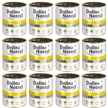 Premium Adult bogata w kurczaka puszka 12x800 g Dwanaście puszek karmy dla psów Dolina Noteci Premium, oznaczonych 'Kurczak', z pełnym stwierdzeniem o wartości odżywczej dla psów wszystkich ras.