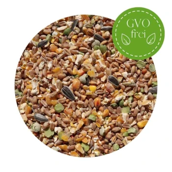 25kg Premium Geflügelfutter  – Körnerfutter PLUS für gesunde & glückliche Hühner, Gänse & Enten Nahaufnahme einer Mischung aus Samen und Körnern für Haustiere, mit einem grünen Etikett, das "GVO frei" anzeigt, was auf gentechnikfreie Zutaten hinweist.