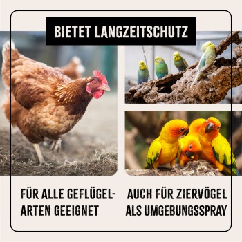Bild zeigt eine braune Henne, Wellensittiche und Sonnenanemonen mit den Texten: "Langzeitschutz," "Für alle Geflügelarten," "Für Ziervögel."