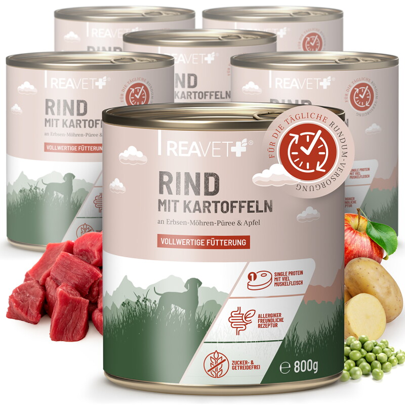 REAVET Hundenassfutter - Rind mit Kartoffeln an Erbsen-Möhren-Püree & Apfel 6x800 g