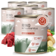 Dosen mit Hundefutter, die mit "Rind mit Kartoffeln" beschriftet sind und Rindfleisch, Kartoffeln, Erbsen, Karotten und Apfel enthalten; jeweils 800g, allergiefreundliches Rezept.