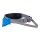 Blaue Haustier-Hüfttasche mit grauem verstellbarem Gurt, mit Netzfutter und Reißverschlusstaschen zur Aufbewahrung.