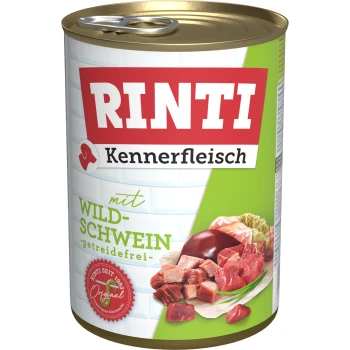 Dosen-Hundefutter von Rinti, mit der Aufschrift "Kennerfleisch mit Wildschwein," mit einem bunten Design mit Fleischstücken und einem getreidefreien Anspruch.