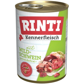 Dosen-Hundefutter von Rinti, mit der Aufschrift "Kennerfleisch mit Wildschwein," mit einem bunten Design mit Fleischstücken und einem getreidefreien Anspruch.