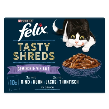 Tasty Shreds Geschmischte Vielfalt 80x80g Verpackung von Purina Felix Tasty Shreds Katzenfutter mit einer verspielten schwarz-weißen Katze, mit 10 Portionen Rind, Huhn, Lachs und Thunfisch.