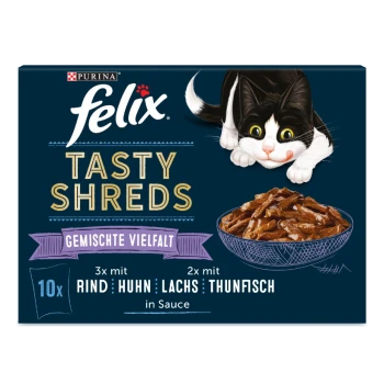 Verpackung von Purina Felix Tasty Shreds Katzenfutter mit einer verspielten schwarz-weißen Katze, mit 10 Portionen Rind, Huhn, Lachs und Thunfisch.