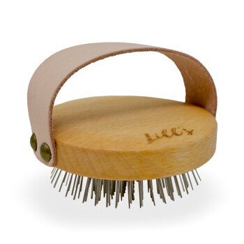 Holz-Haustierpflegebürste mit einem Ledergriff und Metallborsten, mit natürlichem Finish und graviertem Logo.