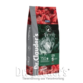 Die Tüte Dr. Clauder's Super Premium Wildlife Hundefutter zeigt ein Wolf-Bild, beschriftet mit 'Lamm', mit 750g frischem Fleisch pro 100g.