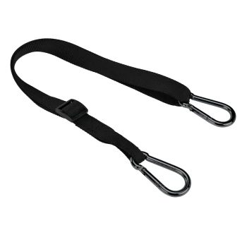 Black pet leash with two metal clips and an adjustable buckle, designed for securing pets safely.