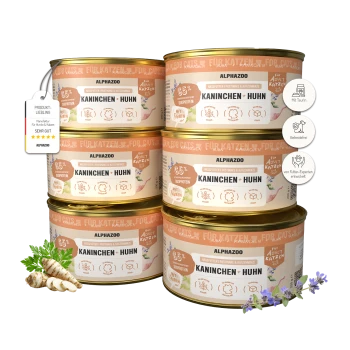 Stapel von sechs Alphazoo Dosen mit Katzenfutter, beschriftet mit "Kaninchen + Huhn" mit Kräutern und Symbolen für Taurin, Getreidefrei und Expertenentwicklung.