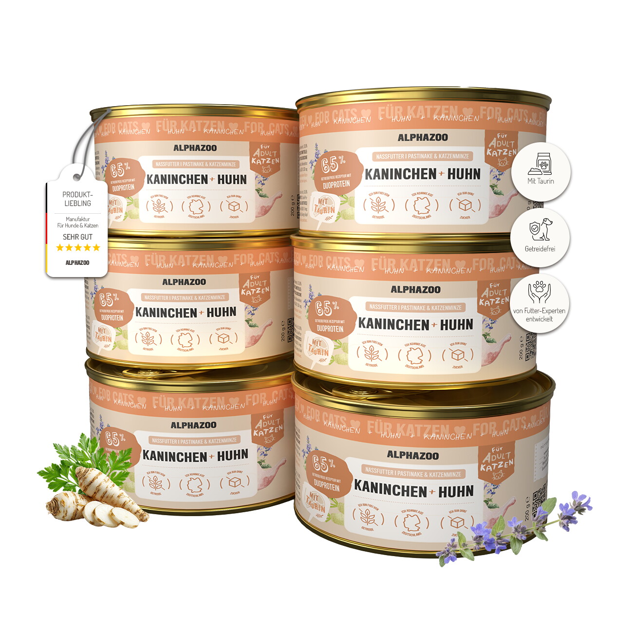 ALPHAZOO Nassfutter Kaninchen + Huhn 6x200g für Katzen