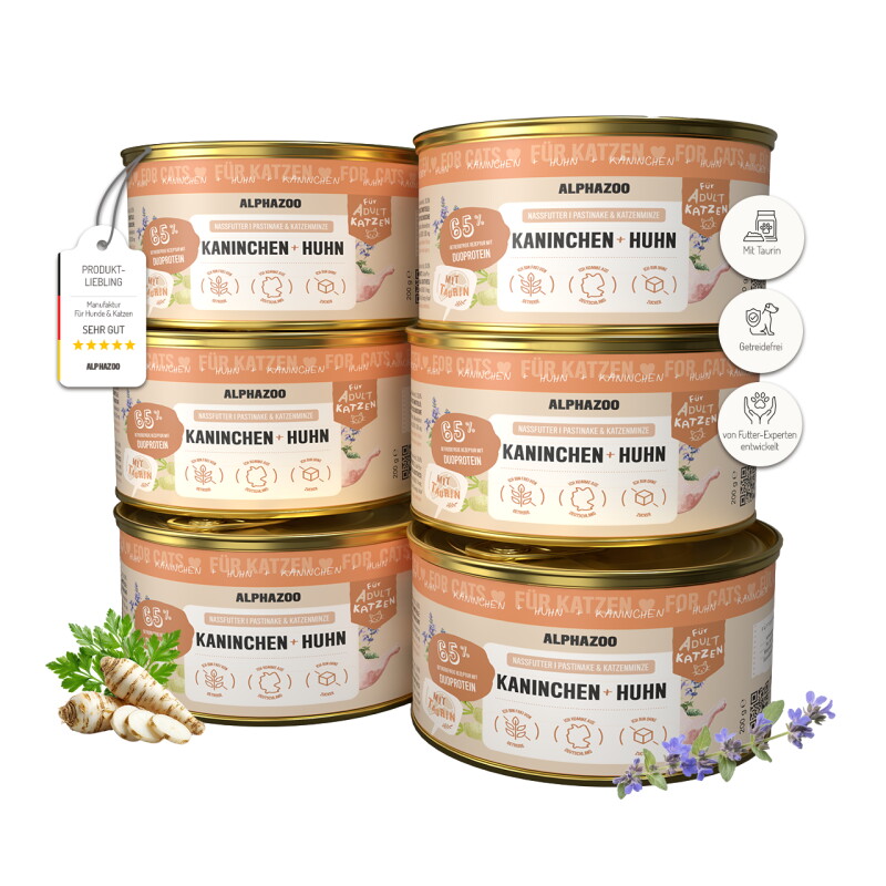 ALPHAZOO Nassfutter Kaninchen + Huhn 6x200g für Katzen