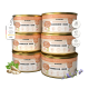 Stapel von sechs Alphazoo Dosen mit Katzenfutter, beschriftet mit "Kaninchen + Huhn" mit Kräutern und Symbolen für Taurin, Getreidefrei und Expertenentwicklung.