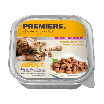 Verpackung für Katzenfutter mit einer verspielten getigerten Katze, mit dem Text 'Premiere. Ich liebe meine Katze' und 'Royal Ragout, reich an Huhn.'