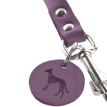 Lila Lederhalsband für Hunde mit einem silbernen Verschluss und einem runden Etikett mit einer geprägten Silhouette eines Hundes.
