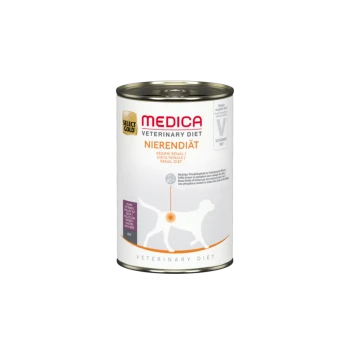 Canned dog food labeled "Medica Veterinary Diet Nierendiät" with text indicating it's a renal diet, featuring a silhouette of a dog.