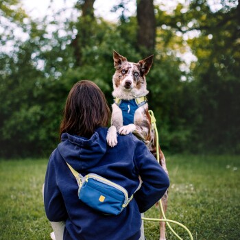 Eine Frau in einem marineblauen Hoodie hält einen an der Leine geführten braun-weißen Mischlingshund in einem grasbewachsenen Bereich, beide schauen in die Kamera.