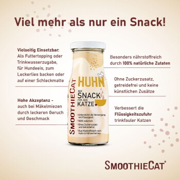 Glasflasche von SmoothieCat 'Huhn' Katzen-Snackgetränk; Etikett: 'Der Snack für jede Katze' und '+30.000 empfohlen'.