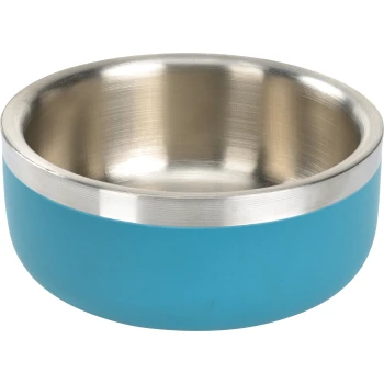Turkusowa miska na jedzenie dla zwierząt z wnętrzem ze stali nierdzewnej i srebrnym brzegiem, zaprojektowana dla psów lub kotów.