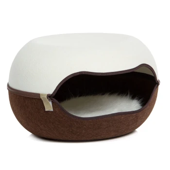 Gemütliches Haustierbett mit einer weißen Oberseite und braunem Boden, mit einem Reißverschluss und einem weichen, flauschigen Innenraum.