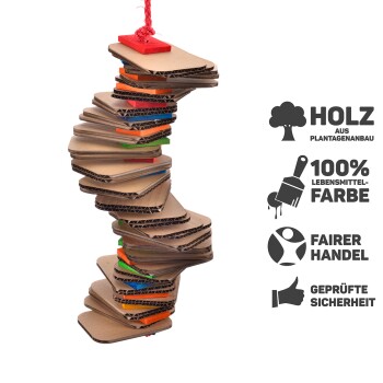 Buntes Spiral-Katzenspielzeug aus Karton mit einer roten Schlaufe, mit Text über nachhaltige Materialien und Sicherheitszertifikate.