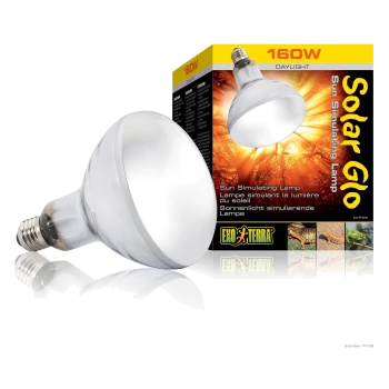 Eine 160W Solar Glo Sonnen-Simulationslampe neben ihrer bunten Verpackung, mit Bildern von Reptilien und dem Text "Sonnen-Simulationslampe."